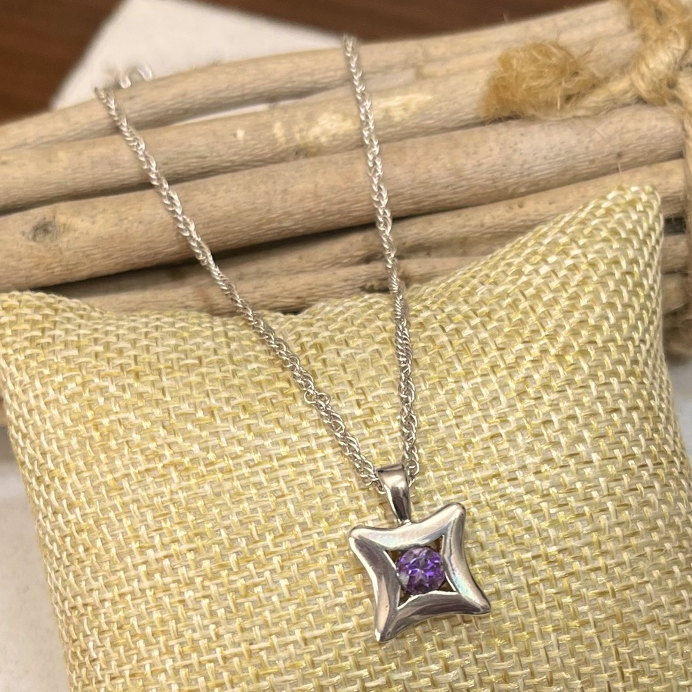 Amethyst Pendant on 1mm Triple Rope 925 Sterling Silver Chain (16 inches)